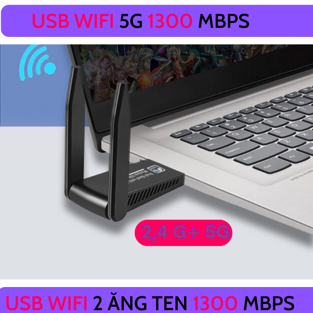 [Hỏa Tốc] USB Thu WiFi 1300 mbps 2 râu nâng cấp WiFi lên 5G cho pc laptop hút wifi mạnh, kích wifi thu tốt hơn | BigBuy360 - bigbuy360.vn