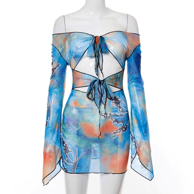 Đầm Tay Dài Hở Rốn In Họa Tiết Nhiều Màu Sắc Thời Trang Mùa Hè Xinh Xắn Cho Nữ