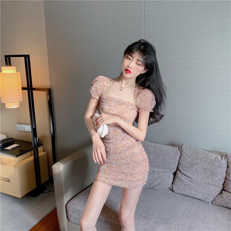 Đầm Ngắn Tay Phồng Cổ Vuông Dáng Ôm In Họa Tiết Hoa Thời Trang Xinh Xắn Cho Nữ