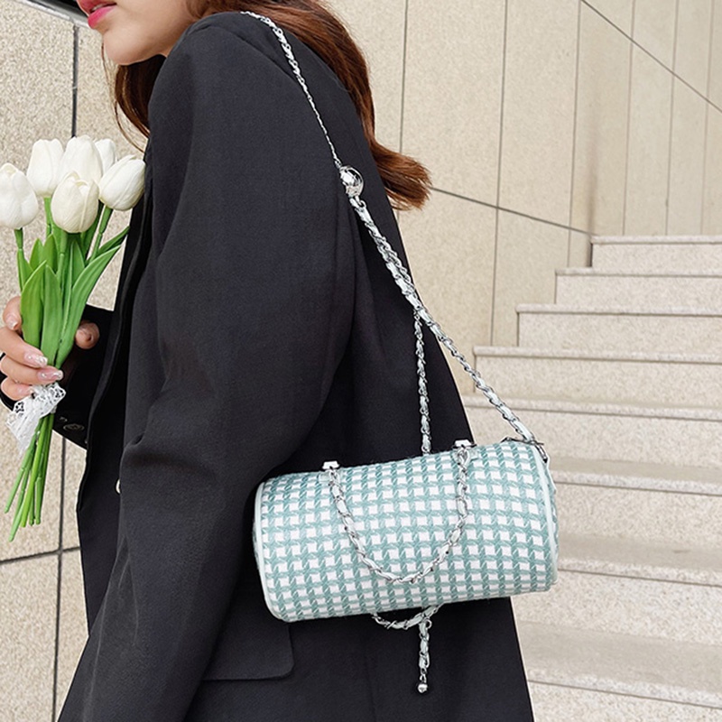 Túi Xách Đeo Vai Vải Bạt Hình Trụ Khóa Kéo Kẻ Sọc Caro Ngọt Ngào Cho Nữ