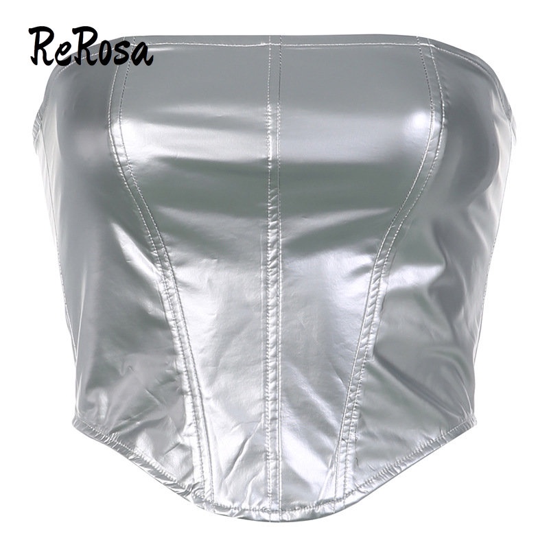 Rerosa Áo Ống Ngực Giả Xương Cá Màu Trơn Dây Kéo Bằng Da Pu 2023PU Cho Nữ