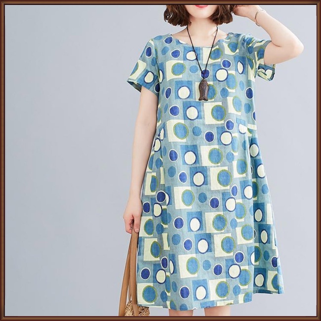 Đầm Tay Ngắn Cổ Tròn Dáng Rộng Họa Tiết Chấm Bi Thời Trang Cho Nữ