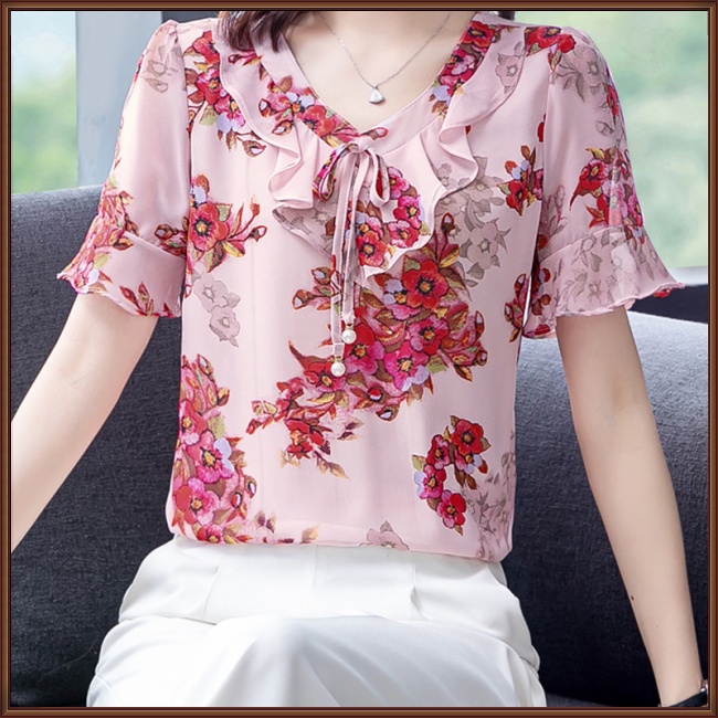 Áo Sơ Mi Chiffon Tay Ngắn Ống Loe Cổ Chữ V In Họa Tiết Hoa Cho Nữ