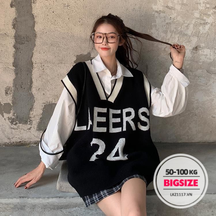 Áo gile len nữ Bigsize Áo ba lỗ kiểu Không tay cổ chữ v Chữ Cái mùa thu Phong cách Hàn Quốc Thời Trang cá tính xinh đẹp cho người mập béo nữ