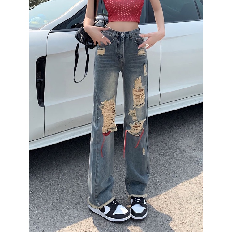 COZOKC Quần Jeans Skinny Lưng Cao Phối Rách Phong Cách Vintage