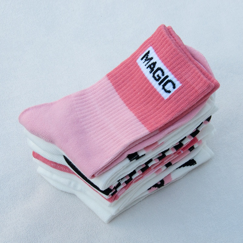 Vớ cotton Cổ Vừa Họa Tiết Kẻ Sọc In Chữ Màu Hồng / Trắng Thời Trang Cho Nữ