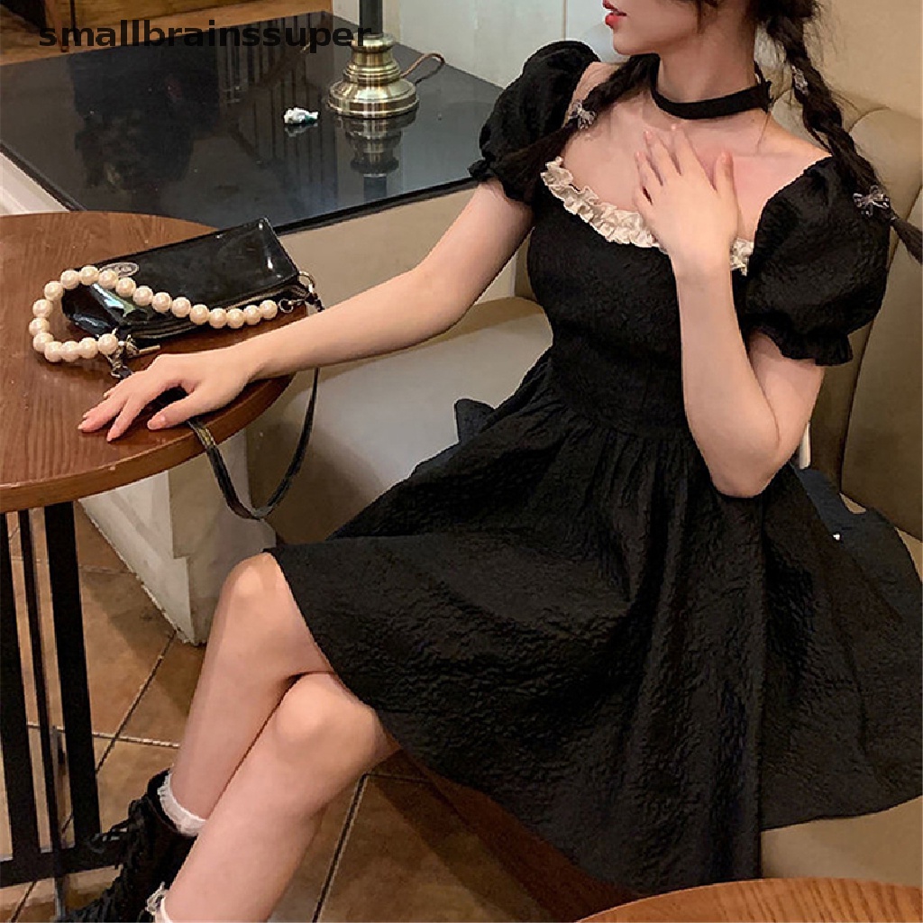 Đầm Ngắn Dáng Chữ A Tay Phồng Cổ Vuông Thắt Nơ Lưng Thời Trang Mùa Hè Cho Nữ