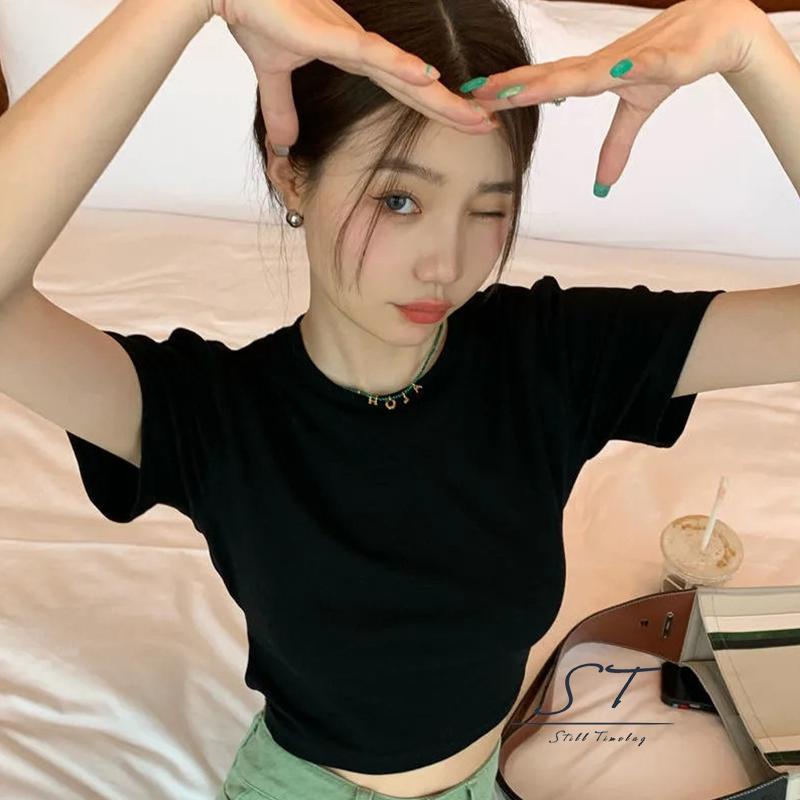 Áo Thun Crop Top Tay Ngắn Cổ Tròn Màu Đen Thời Trang Mùa Hè Cho Nữ CY03