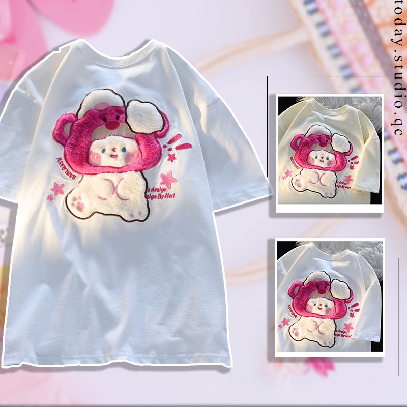 Áo phông ovesize thỏ gấu hồng đội mũ cute bông nhung mềm mại cotton siêu thoáng khí hothit mùa hè 2023