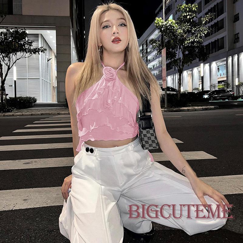 [] - Áo Không Tay Mini Mùa Hè Có Diềm Xếp Nếp Màu Trơn Họa Tiết Hoa 3D Màu Xanh Lam / Hồng / Trắng Cho Nữ