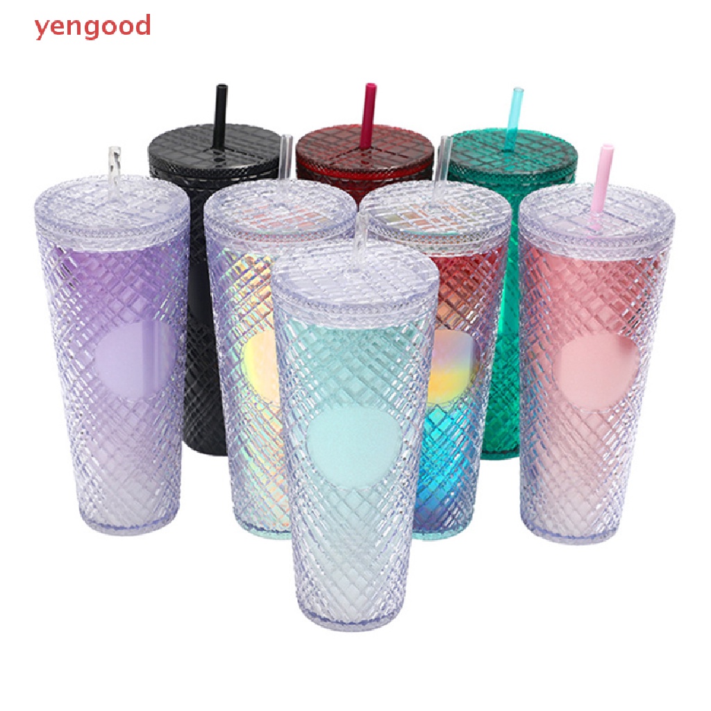 Cốc Uống Nước Hai Lớp Bằng Nhựa Có Nắp Và Ống Hút Có Thể Tái Sử Dụng