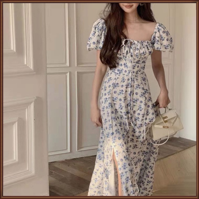 Đầm Midi Cổ Vuông Hở Vai Eo Cao Xẻ Tà In Họa Tiết Hoa Cho Nữ