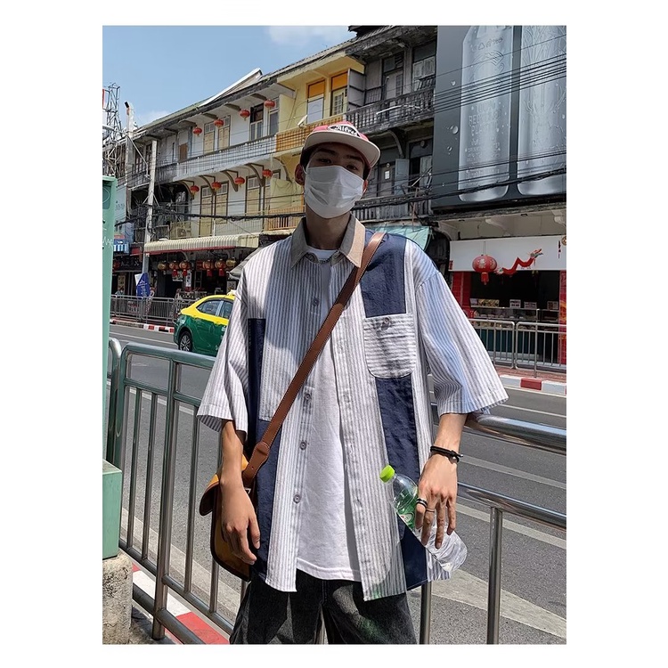 Áo Sơ Mi Tay Ngắn Kẻ Sọc Màu Sắc Tương Phản Cá Tính Cho Nam