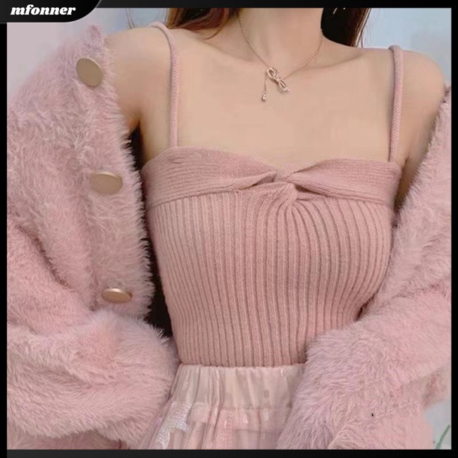 Áo Crop Top Dệt Kim Hai Dây Màu Sắc Thời Trang Thanh Lịch Cho Nữ