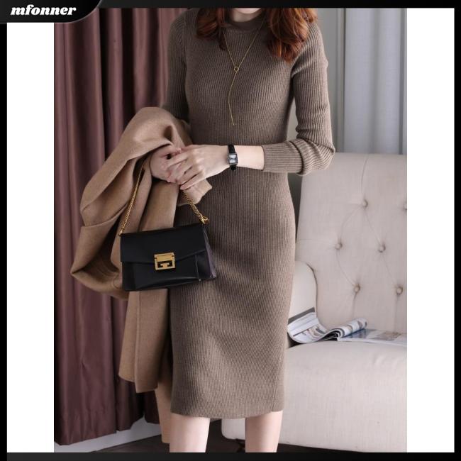 Đầm Dệt Kim Tay Dài Cổ Tròn Màu Trơn Thời Trang Dành Cho Nữ