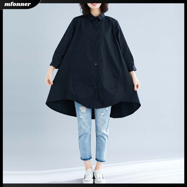 Áo Sơ Mi Cotton Lanh Tay Lửng Dáng Rộng Màu Sắc Đơn Giản Cho Nữ