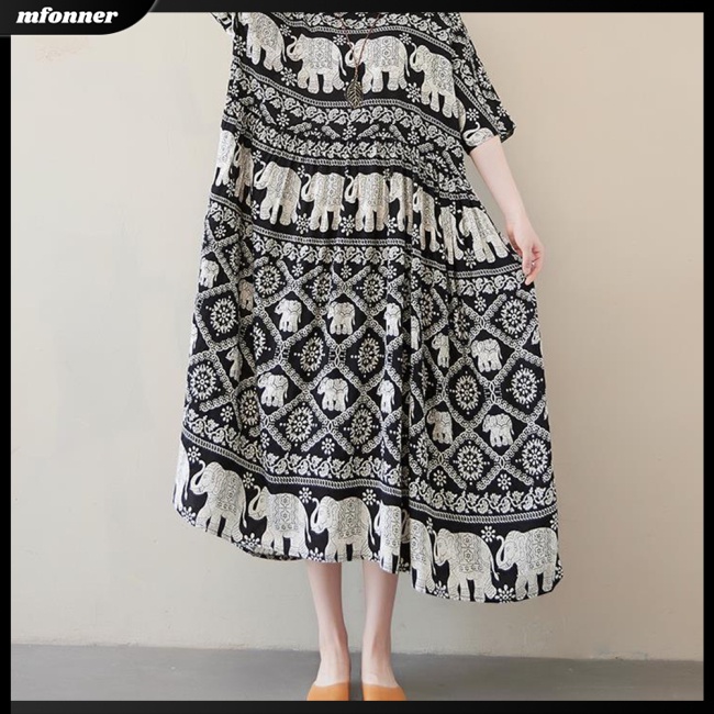 Đầm Tay Ngắn Cổ Tròn Lưng Cao Phong Cách Dân Tộc Thời Trang Mùa Hè Dành Cho Nữ