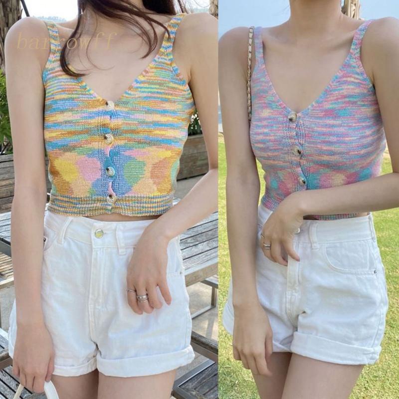 Áo Croptop Dệt Kim Hai Dây Cài Nút Cổ V Sâu Họa Tiết Kẻ Sọc Nhiều Màu Thời Trang Mùa Hè Quyến Rũ Cho Nữ