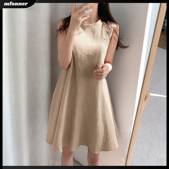 Đầm Chữ A Vải Lanh Cotton Sát Nách Cổ Tròn Màu Sắc Đơn Giản Cho Nữ