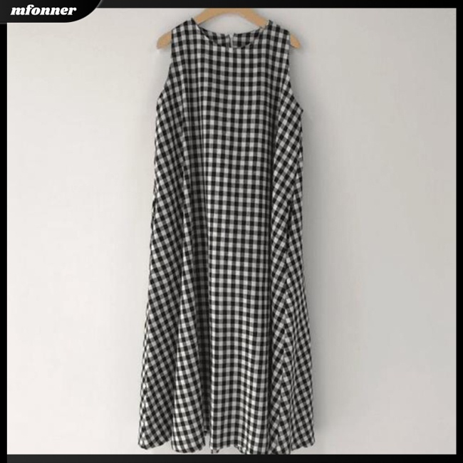 Đầm Cotton Lanh Sát Nách Cổ Tròn Dáng Rộng Sọc Ca Rô Cổ Điển Cho Nữ