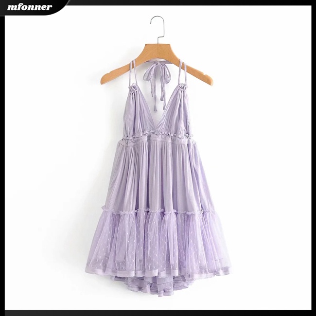 Đầm Hai Dây Cổ Chữ V Phối Lưới Màu Sắc Trơn Thời Trang Mùa Hè Cho Nữ