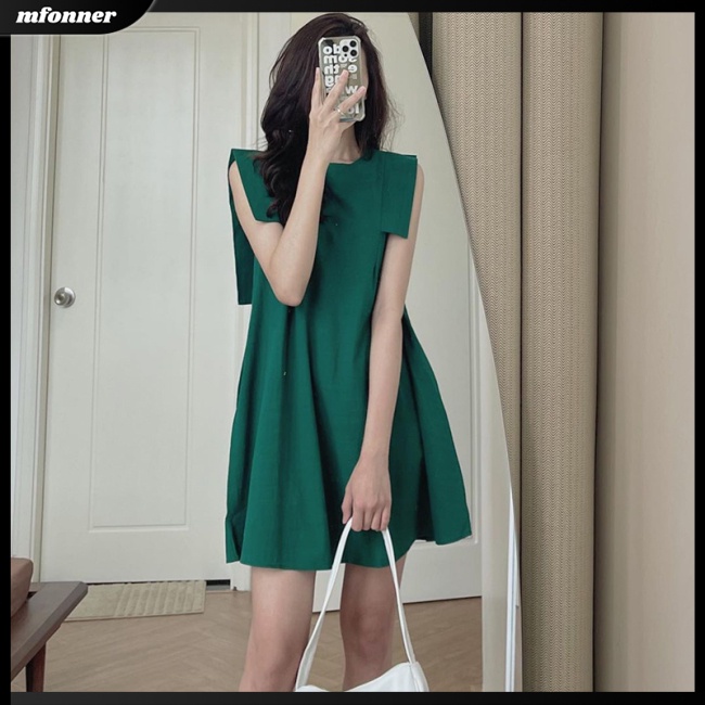 Đầm Chữ A Sát Nách Cổ Tròn Dáng Rộng Màu Sắc Đơn Giản Cho Nữ