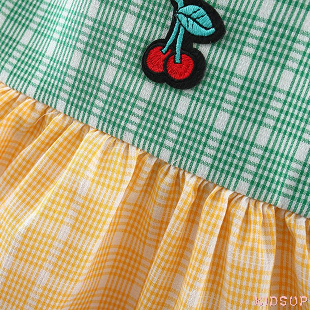 Đầm Chữ A Tay Phồng Cổ Vuông Thêu Họa Tiết Cherry Màu Sắc Tương Phản Xinh Xắn Cho Bé Gái 1 Tuổi