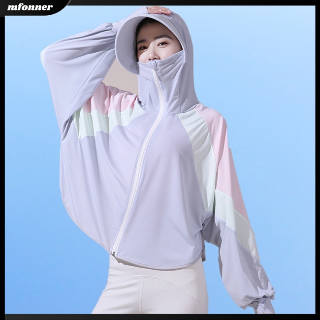Áo Khoác Chống Nắng Tay Dài Có Mũ Vải Lụa Lạnh Mỏng Màu Sắc Tương Phản Thời Trang Cho Nữ