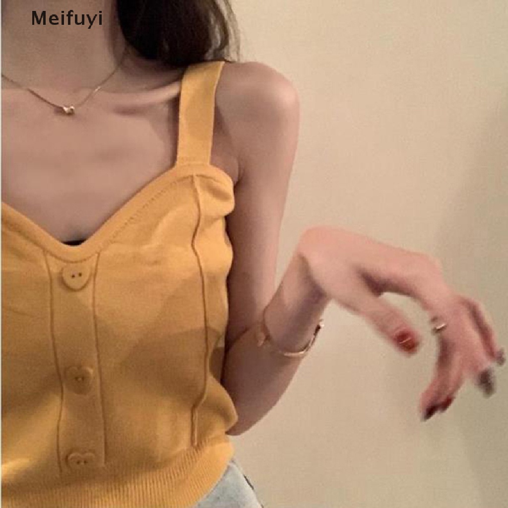 Áo Croptop Dệt Kim Hai Dây Cổ Chữ V Cài Nút Hình Trái Tim Thời Trang Mùa Hè Cho Nữ