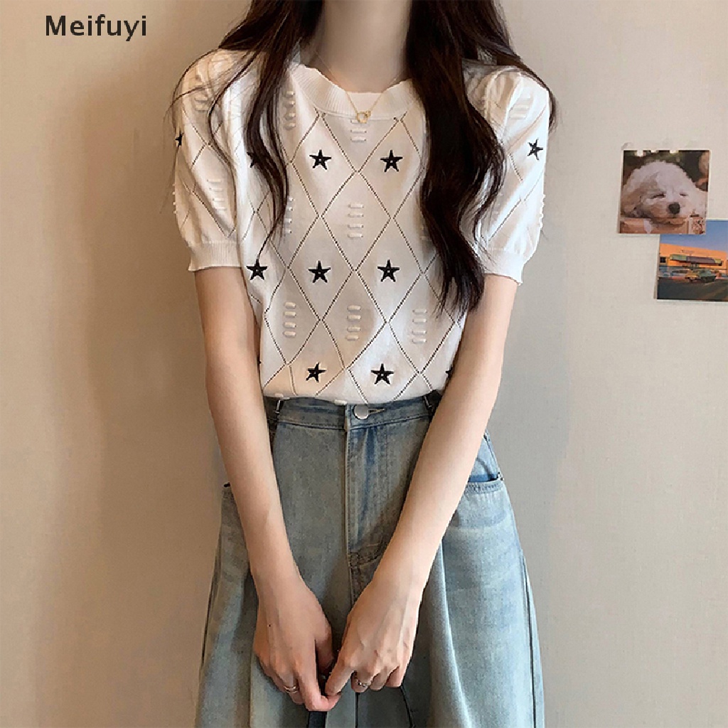 Áo Thun Dệt Kim Tay Ngắn Cổ Tròn Thêu Hình Ngôi Sao Phong Cách Retro Dành Cho Nữ