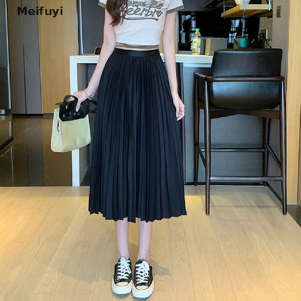 [Meifuyi] Chân Váy Dài Xếp Ly Lưng Cao Xếp Ly Màu Sắc Kim Loại Cao Cấp Phong Cách Vintage Hàn Quốc S Saias COD