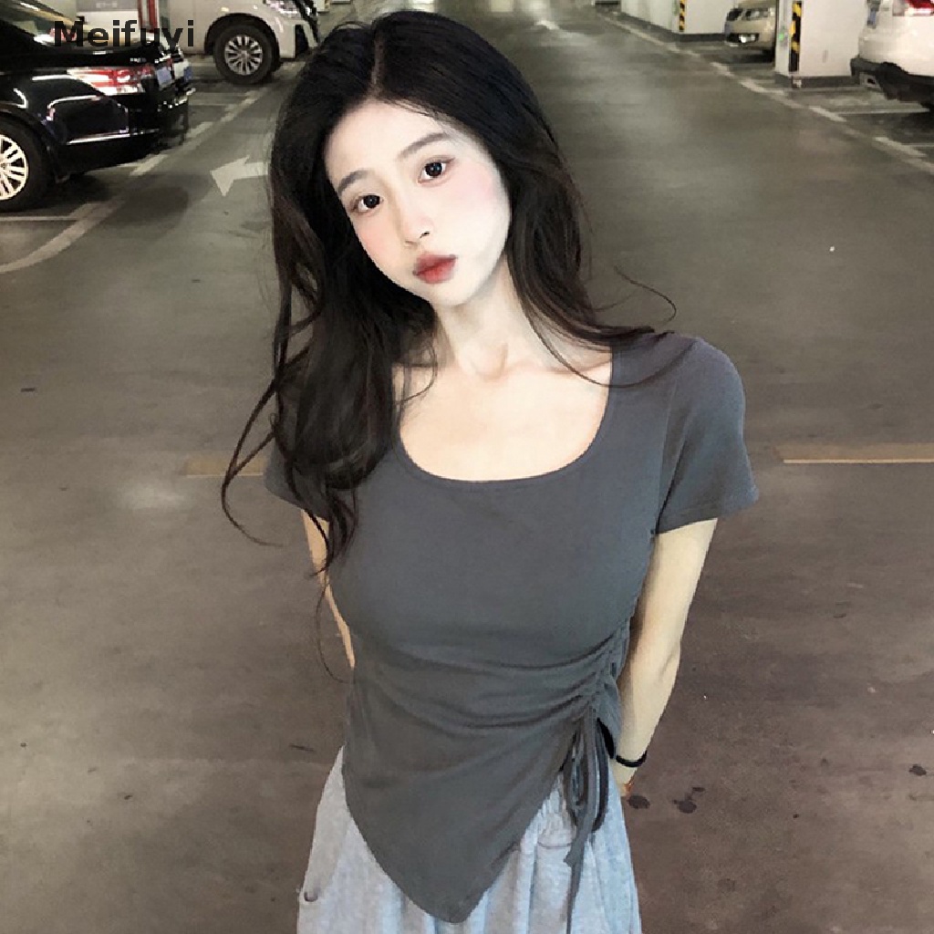 Áo Thun Tay Ngắn Cổ Vuông Màu Sắc Đơn Giản Phối Dây Rút Thời Trang Mùa Hè Cho Nữ