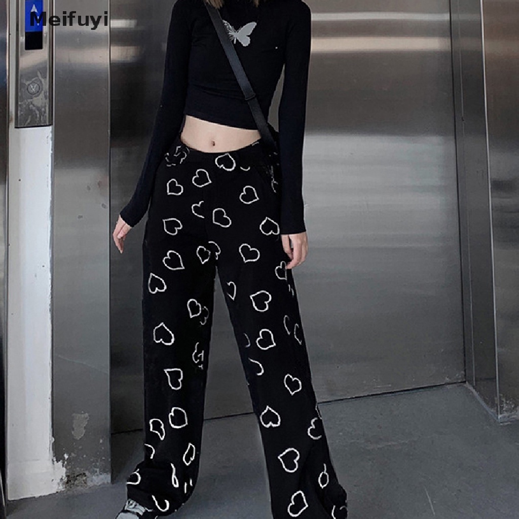 Quần Hip Hop Y2K Ống Rộng In Họa Tiết Trái Tim Phong Cách Harajuku Hàn Quốc Cổ Điển