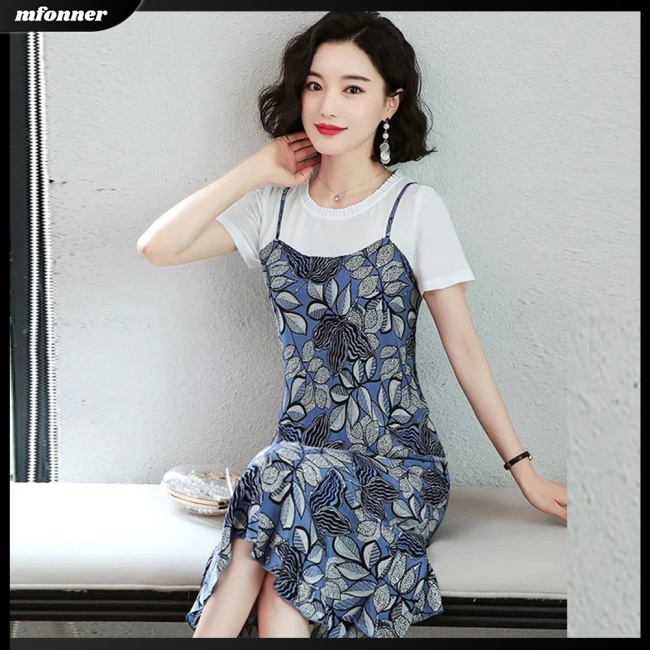 Đầm Giả Hai Mảnh Dáng Suông Tay Cộc Cổ Tròn Giả Hai Mảnh In Họa Tiết Hoa Thoải Mái Cho Nữ