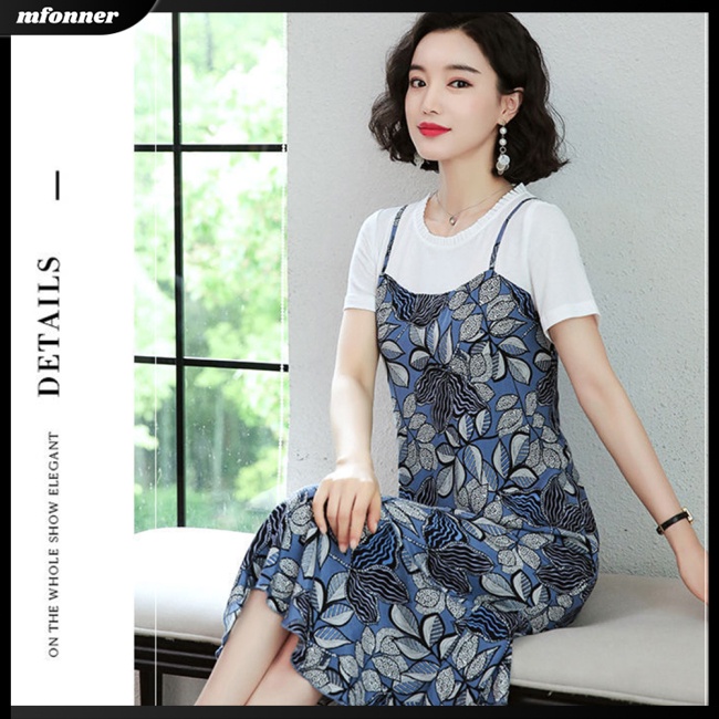 Đầm Giả Hai Mảnh Dáng Suông Tay Cộc Cổ Tròn Giả Hai Mảnh In Họa Tiết Hoa Thoải Mái Cho Nữ