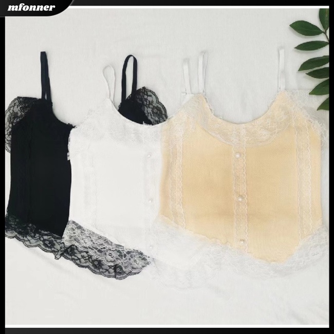 Áo Croptop Hai Dây Màu Sắc Ngọc Trai Phối Ren Xinh Xắn Cho Nữ