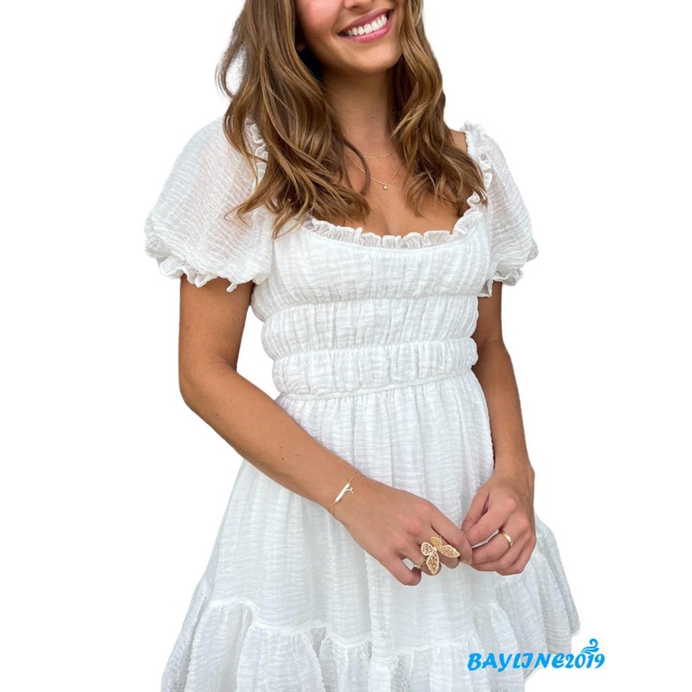 Đầm Tay Phồng Ngắn Cổ Vuông Màu Trơn Thời Trang Mùa Hè Xinh Xắn Cho Nữ