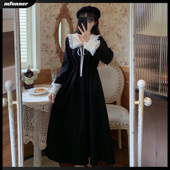 Đầm Tay Dài Cổ Búp Bê Phối Ren Dáng Chữ A Thời Trang Năm Mới Cho Nữ