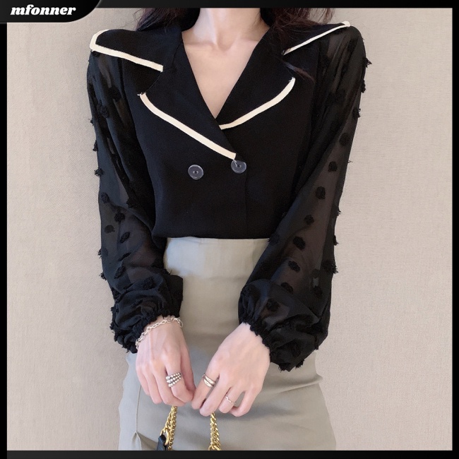 Áo Sweater Dệt Kim Tay Dài Cổ Chữ V Phối Lưới Dáng Ngắn Thời Trang Cho Nữ