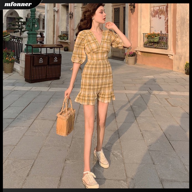 Đầm Voan Tay Phồng Cổ Chữ V Lưng Cao Họa Tiết Kẻ Sọc Thời Trang Cho Nữ