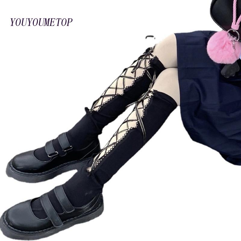 Youyo Vớ Cotton Dài Qua Gối Thắt Dây Ruy Băng Thắt Nơ Phong Cách Gothic Harajuku Nhật Bản Cho Nữ Stu