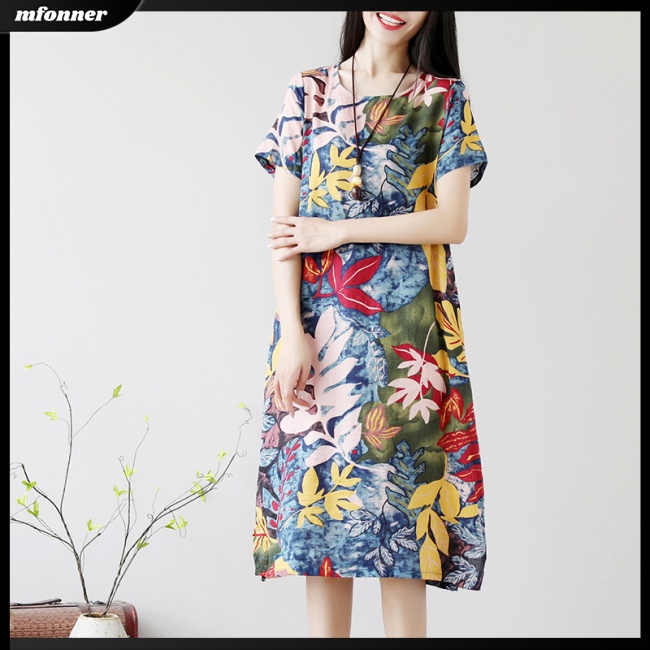 Đầm Tay Ngắn Dáng Rộng Cỡ Lớn Thời Trang Mùa Hè Phong Cách Retro Cho Nữ