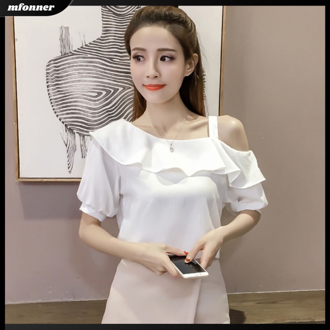 Áo Thun Trễ Vai Phối Bèo Màu Sắc Trơn Quyến Rũ Cho Nữ