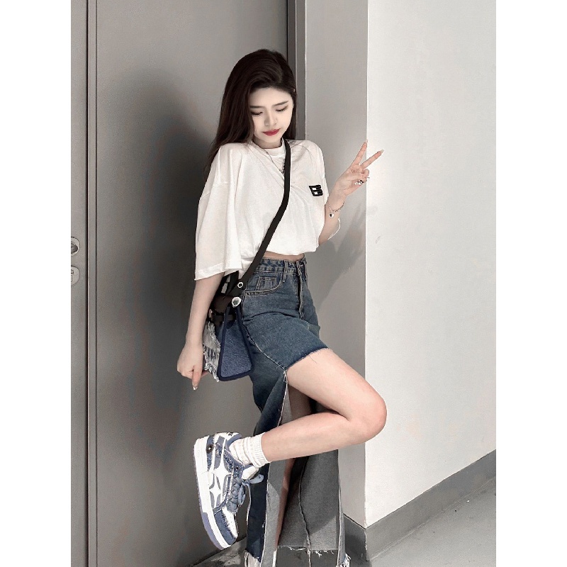 Chân váy jean Chữ A Lưng Cao Phong Cách Hong Kong Thời Trang Mùa Hè Cho Nữ