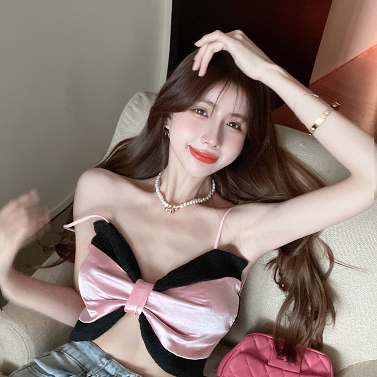 [F &amp; X] Áo Hai Dây Dáng Ôm Đính Nơ Eo Cao Gợi Cảm Thời Trang Mùa Hè Hàn Quốc