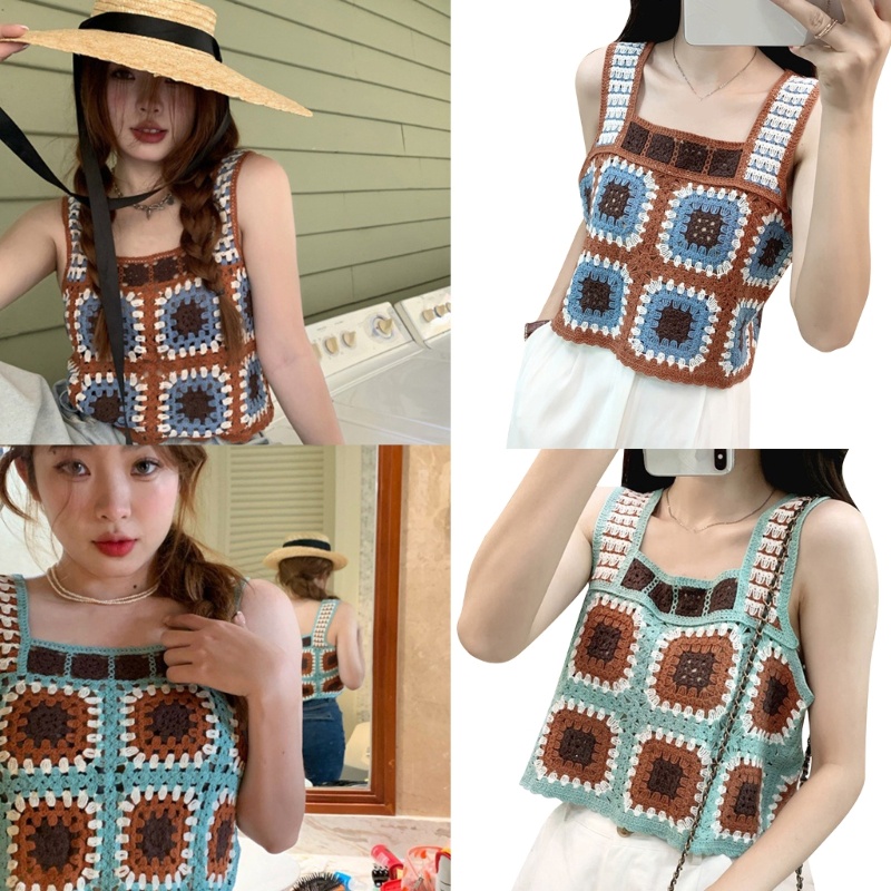 Áo Len Dệt Kim Ngắn Sát Nách Cổ Tròn Màu Trơn Họa Tiết Hoa Thanh Lịch Cho Nữ