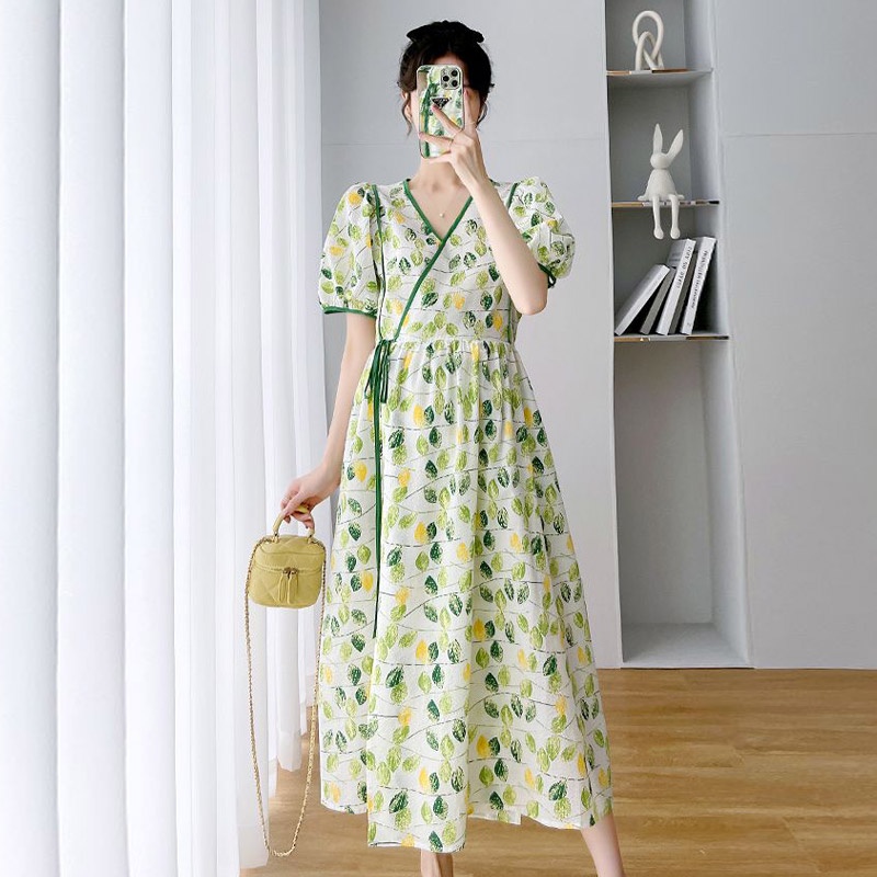 Milo Đầm Dài Qua Gối Cổ Chữ V Form Rộng In Họa Tiết Hoa Thời Trang Cho Mẹ Bầu