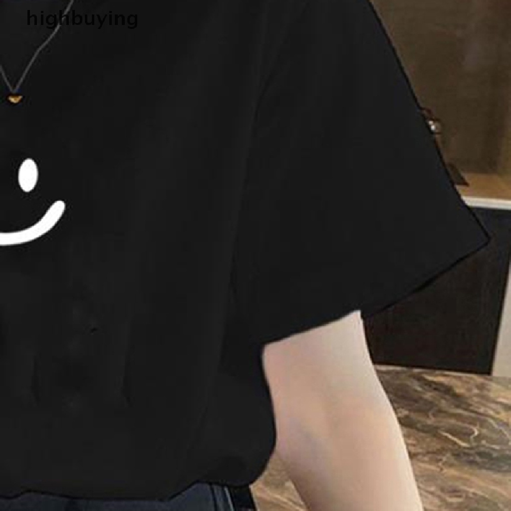 Áo Thun Tay Ngắn Cổ Tròn In Hình Mặt Cười Xinh Xắn Cho Nữ