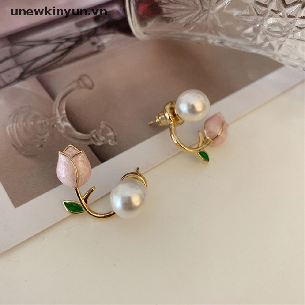 1 Cặp Bông Tai Hình Hoa Tulip Đính Ngọc Trai Trắng Trang Nhã Dành Cho Nữ