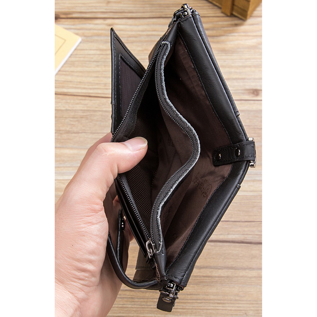 Ví Da Nam Gập Đôi Có Khóa Kéo Và Dây Xích Chống Trộm